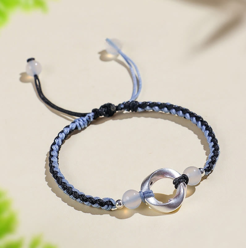 Wear FengShui 925 Sterling Silver Mobius White Agate Bead Braided String Protection Bracelet