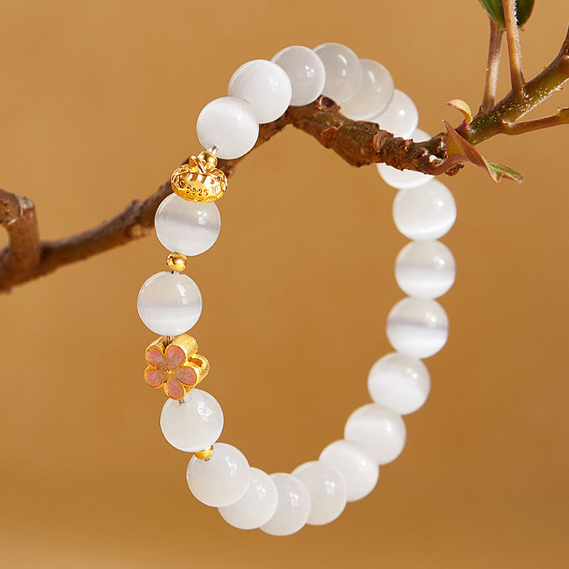 Wear FengShui 925 Sterling Silver Peach Blossom Lucky Bag White Cat's Eye Luck Bracelet
