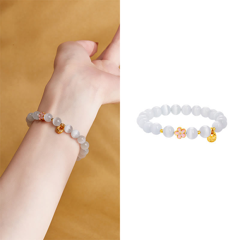 Wear FengShui 925 Sterling Silver Peach Blossom Lucky Bag White Cat's Eye Luck Bracelet