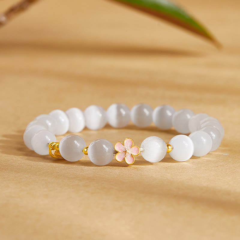 Wear FengShui 925 Sterling Silver Peach Blossom Lucky Bag White Cat's Eye Luck Bracelet