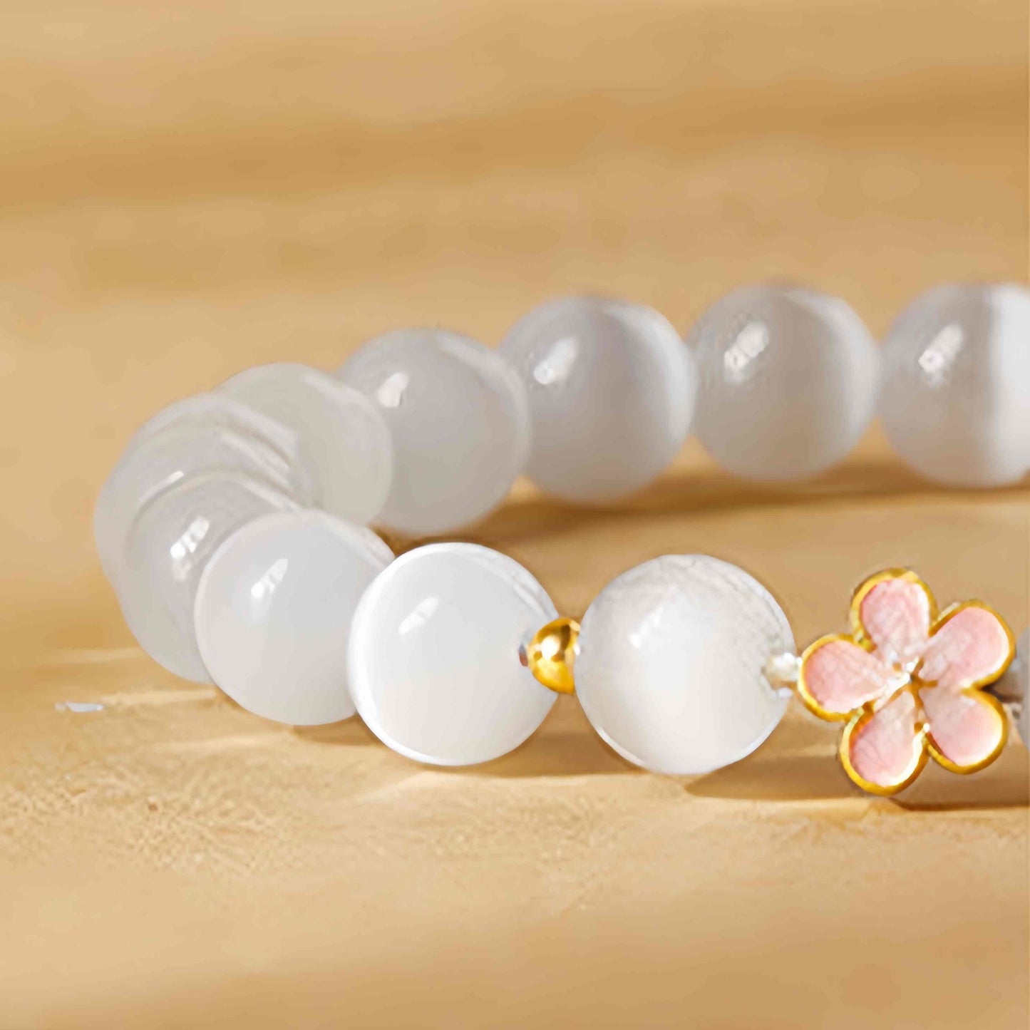 Wear FengShui 925 Sterling Silver Peach Blossom Lucky Bag White Cat's Eye Luck Bracelet