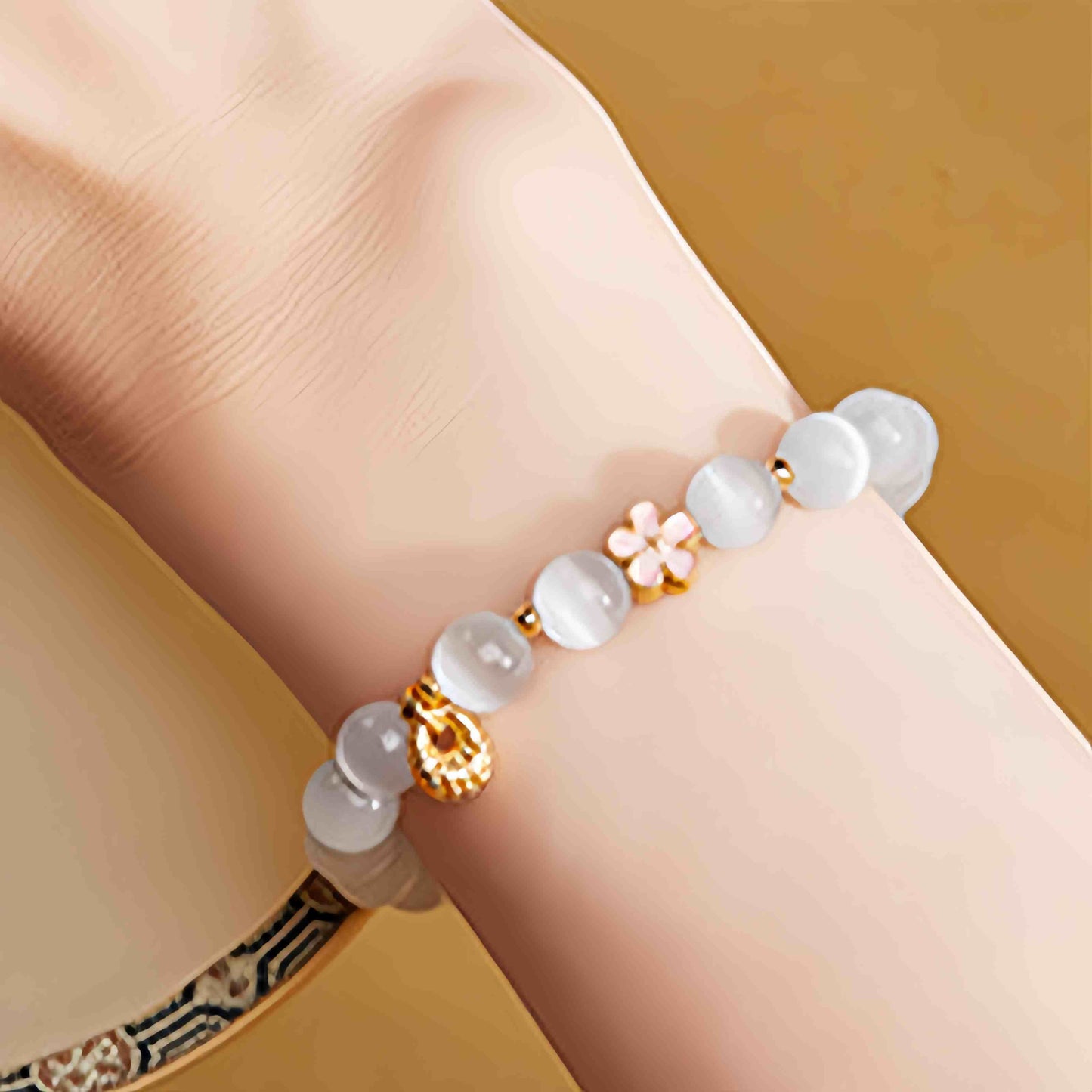 Wear FengShui 925 Sterling Silver Peach Blossom Lucky Bag White Cat's Eye Luck Bracelet