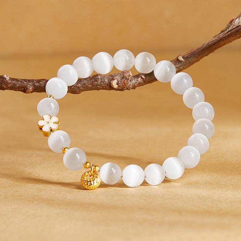 Wear FengShui 925 Sterling Silver Peach Blossom Lucky Bag White Cat's Eye Luck Bracelet