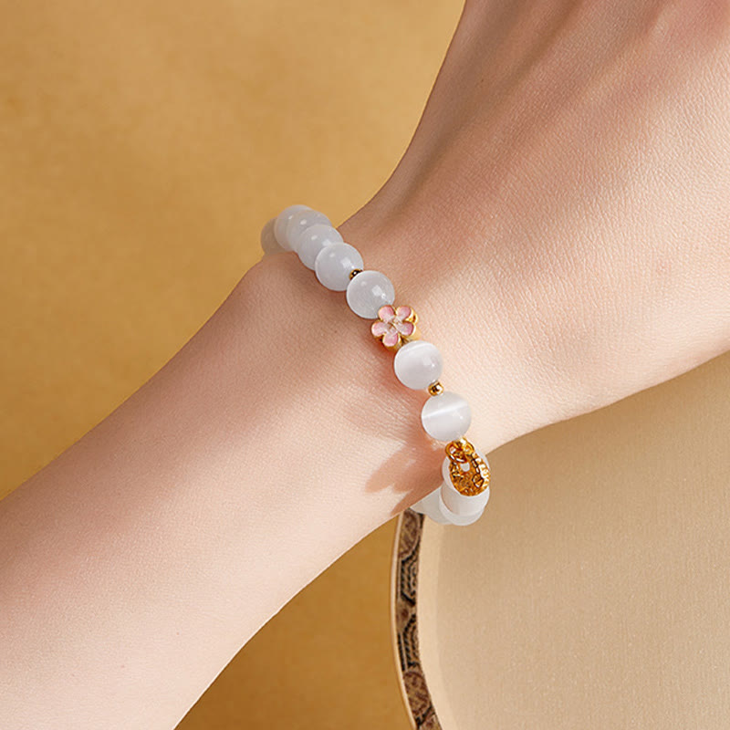Wear FengShui 925 Sterling Silver Peach Blossom Lucky Bag White Cat's Eye Luck Bracelet