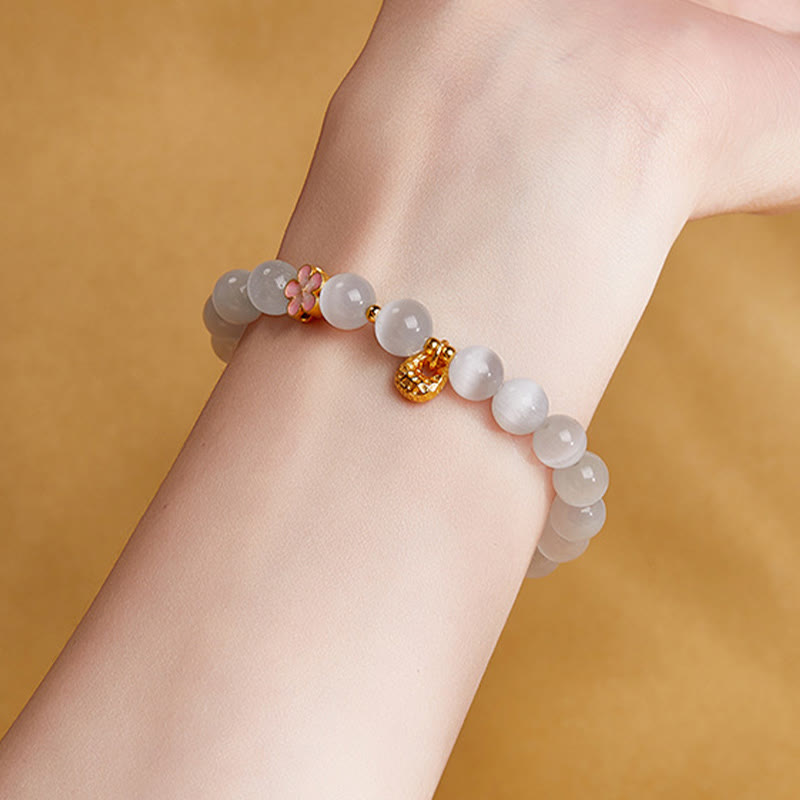 Wear FengShui 925 Sterling Silver Peach Blossom Lucky Bag White Cat's Eye Luck Bracelet
