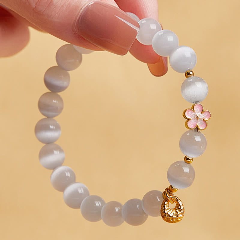 Wear FengShui 925 Sterling Silver Peach Blossom Lucky Bag White Cat's Eye Luck Bracelet