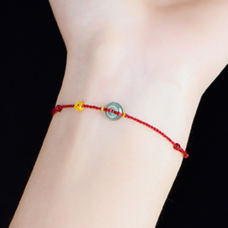 Wear FengShui Peace Buckle Copper Coins Jade Red String Connection Bracelet Anklet