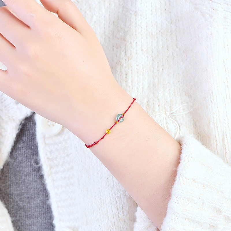 Wear FengShui Peace Buckle Copper Coins Jade Red String Connection Bracelet Anklet