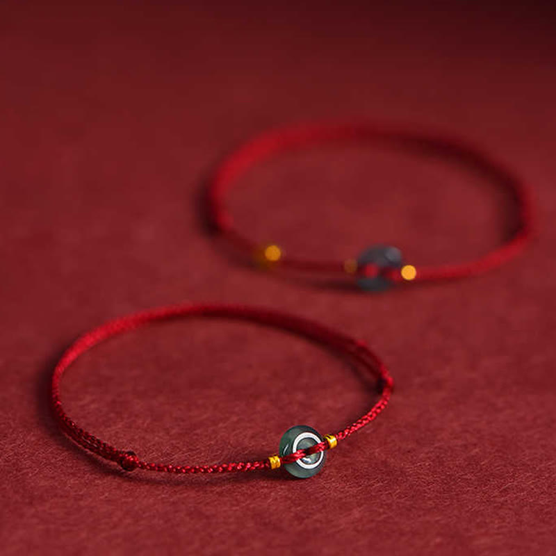 Wear FengShui Peace Buckle Copper Coins Jade Red String Connection Bracelet Anklet