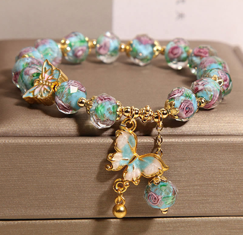 Wear FengShui Butterfly Charm Rose Flower Liuli Bracelet