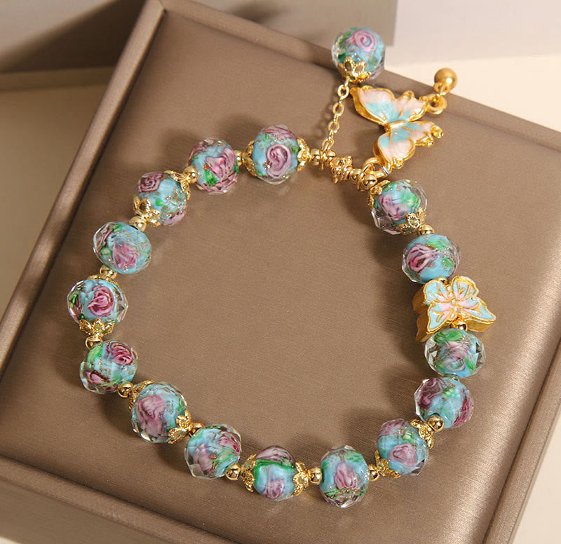 Wear FengShui Butterfly Charm Rose Flower Liuli Bracelet