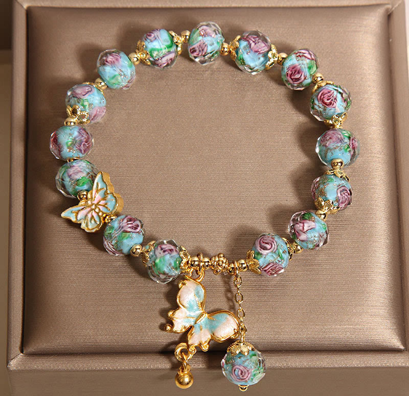 Wear FengShui Butterfly Charm Rose Flower Liuli Bracelet