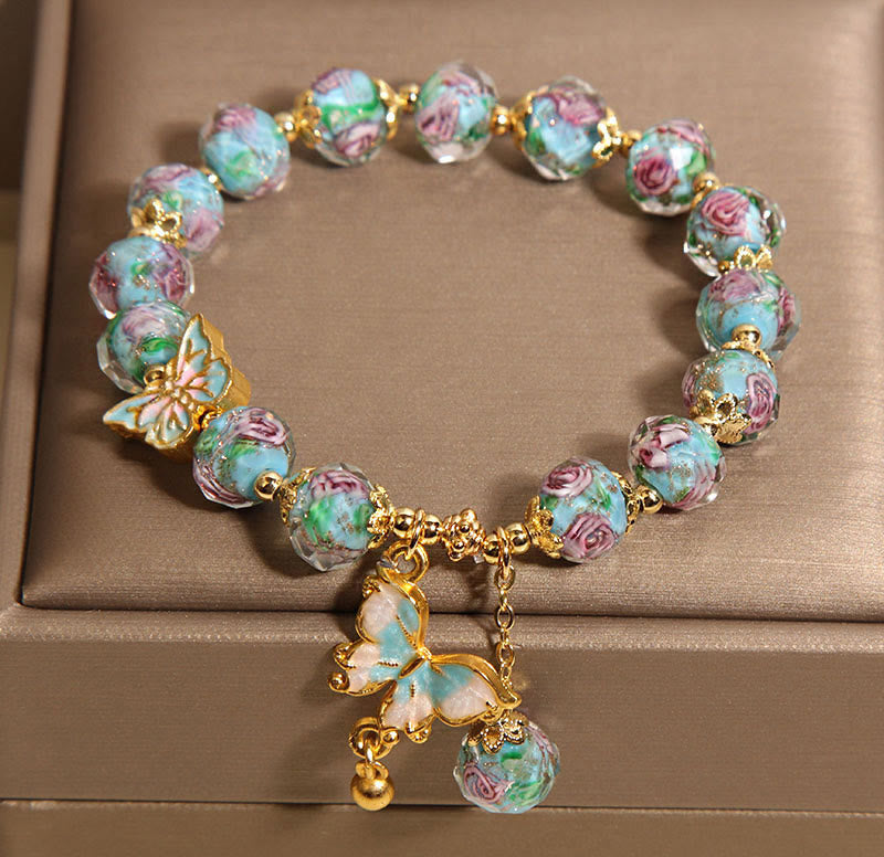 Wear FengShui Butterfly Charm Rose Flower Liuli Bracelet