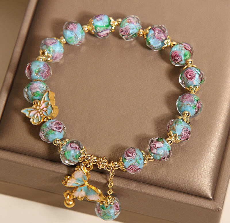 Wear FengShui Butterfly Charm Rose Flower Liuli Bracelet