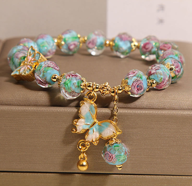 Wear FengShui Butterfly Charm Rose Flower Liuli Bracelet