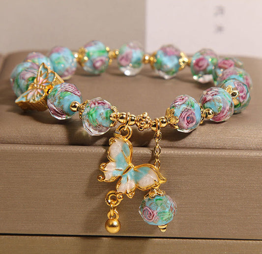 Wear FengShui Butterfly Charm Rose Flower Liuli Bracelet