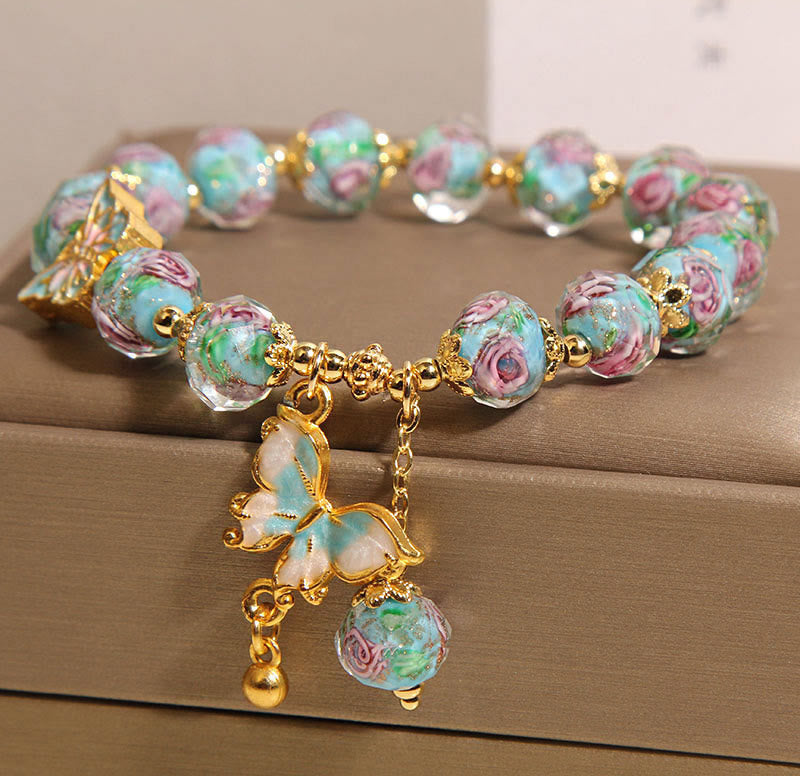 Wear FengShui Butterfly Charm Rose Flower Liuli Bracelet