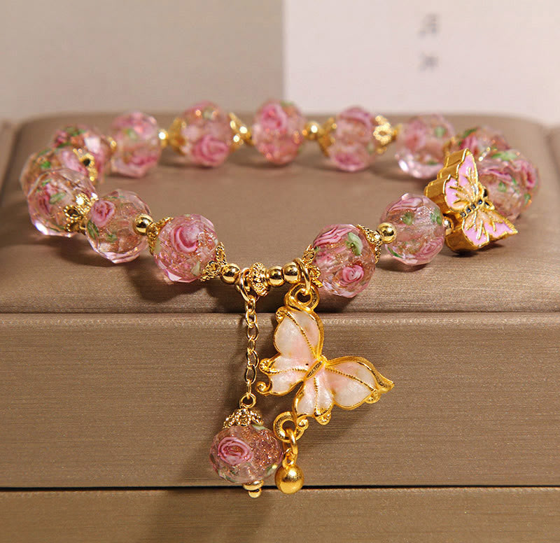 Wear FengShui Butterfly Charm Rose Flower Liuli Bracelet