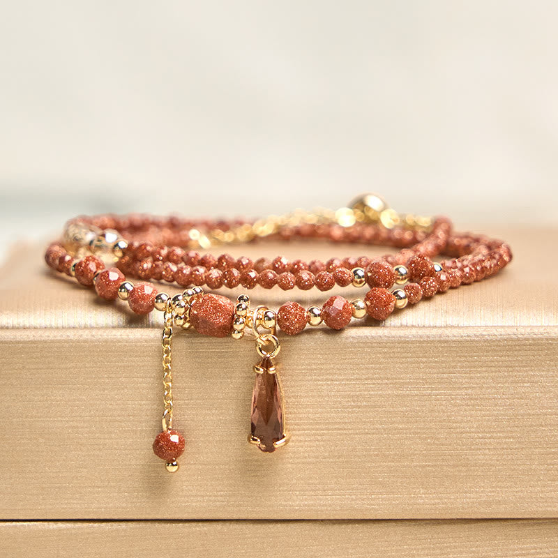 Wear FengShui Natural 2mm Goldstone Beads Positive Multi Layer Bracelet