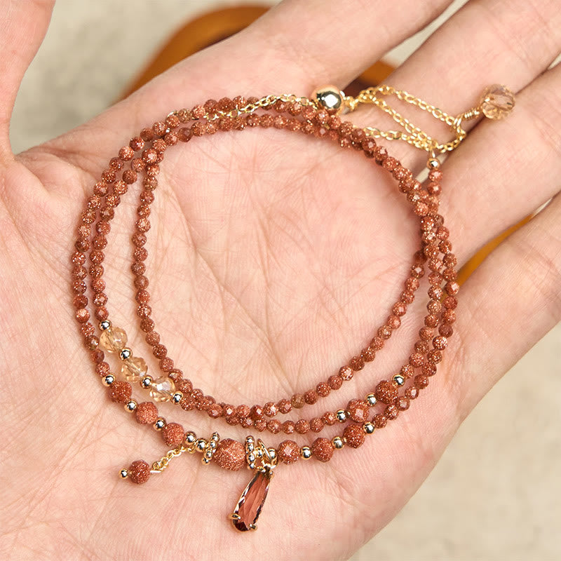 Wear FengShui Natural 2mm Goldstone Beads Positive Multi Layer Bracelet