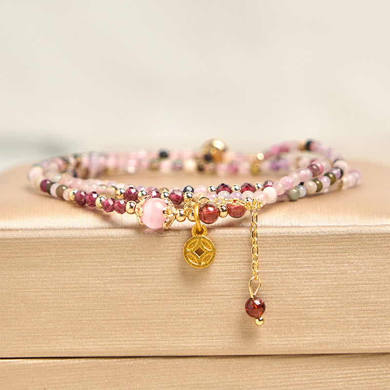 Wear FengShui 2.5 mm Irregular Beads Colored Tourmaline Coin Wisdom Bracelet