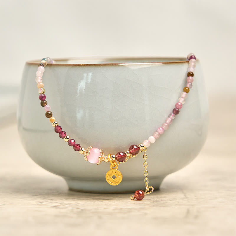 Wear FengShui 2.5 mm Irregular Beads Colored Tourmaline Coin Wisdom Bracelet