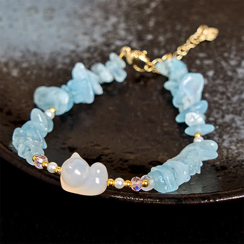 Wear FengShui Natural Irregular Aquamarine Cute Cat Healing Bracelet