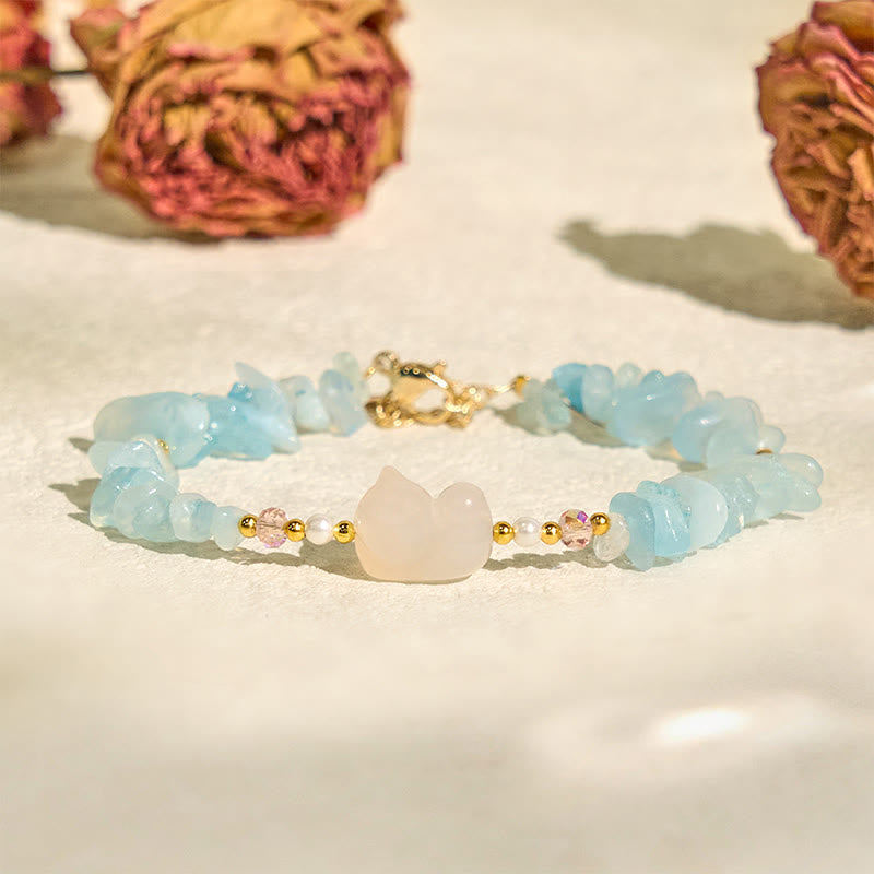 Wear FengShui Natural Irregular Aquamarine Cute Cat Healing Bracelet