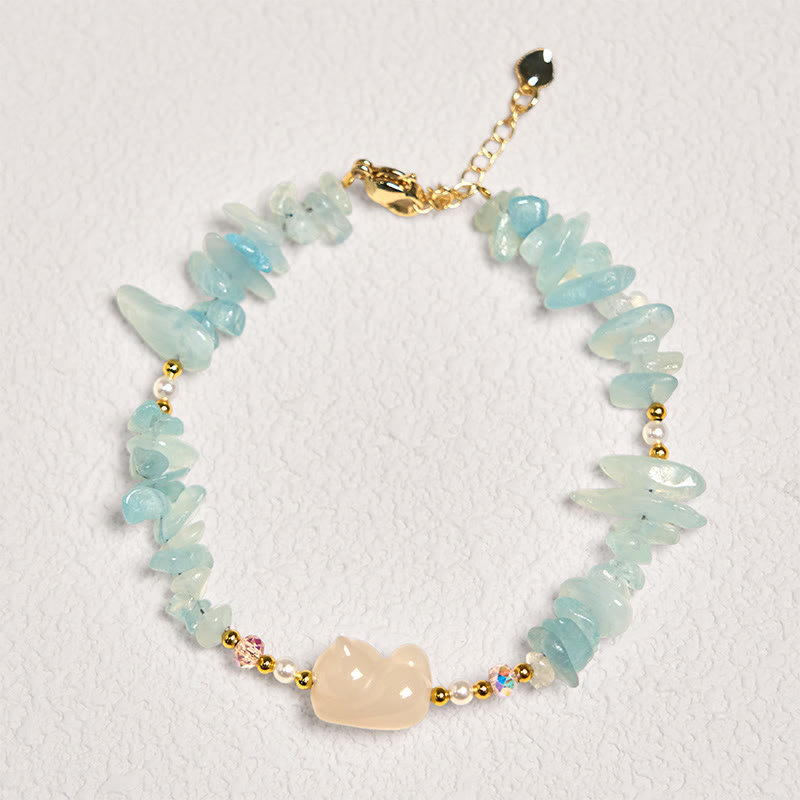 Wear FengShui Natural Irregular Aquamarine Cute Cat Healing Bracelet