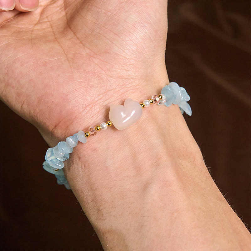 Wear FengShui Natural Irregular Aquamarine Cute Cat Healing Bracelet