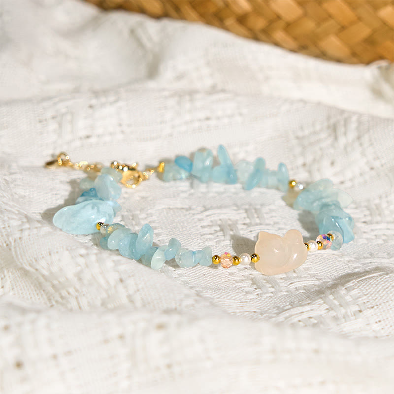 Wear FengShui Natural Irregular Aquamarine Cute Cat Healing Bracelet