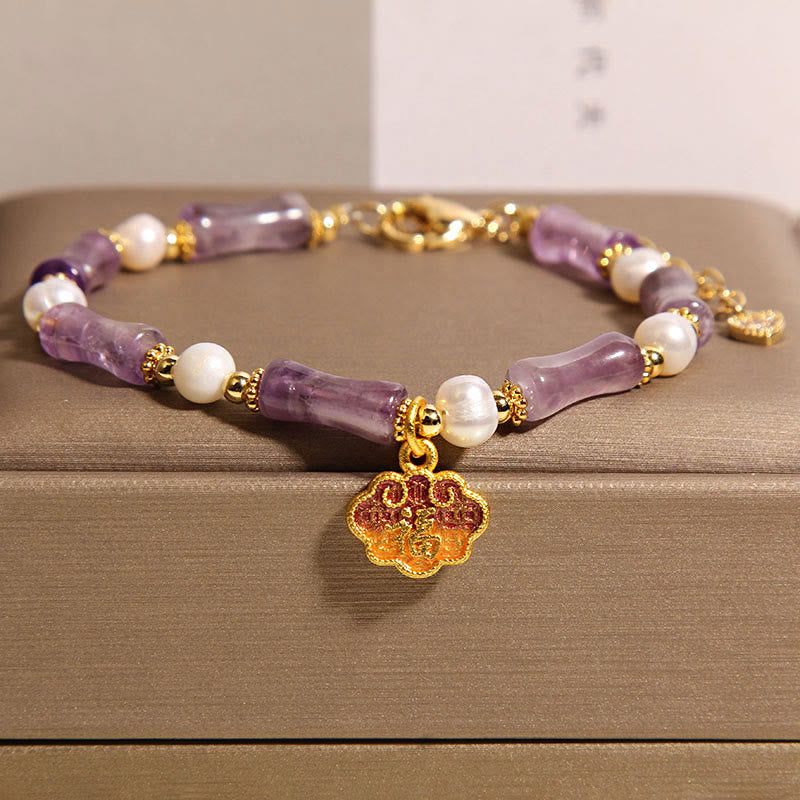 Wear FengShui Natural Peace Lock Bamboo Shape Fu Character Amethyst Pearl Balance Bracelet