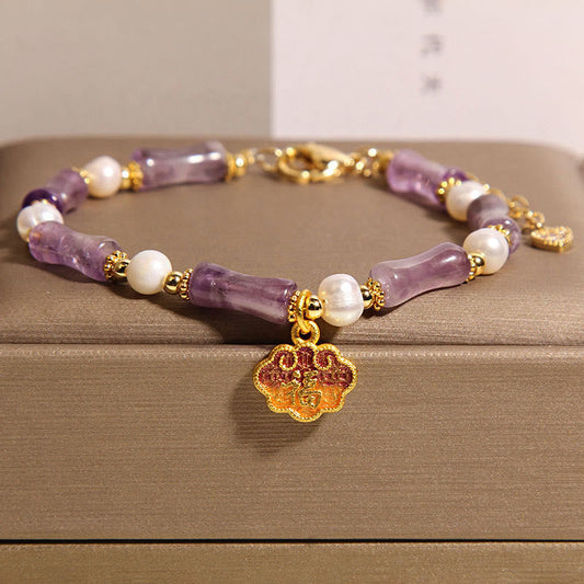Wear FengShui Natural Peace Lock Bamboo Shape Fu Character Amethyst Pearl Balance Bracelet