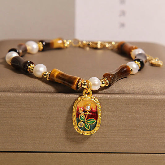 Wear FengShui Natural Bamboo Tiger Eye Pearl Strength Bracelet