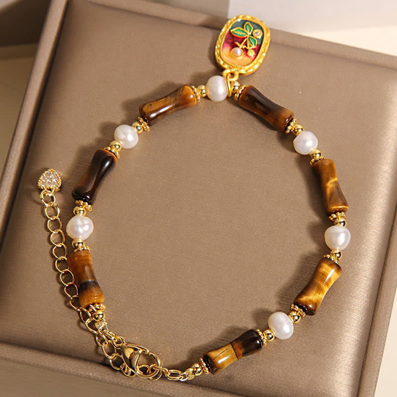 Wear FengShui Natural Bamboo Tiger Eye Pearl Strength Bracelet