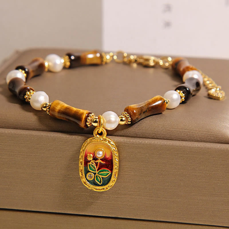 Wear FengShui Natural Bamboo Tiger Eye Pearl Strength Bracelet