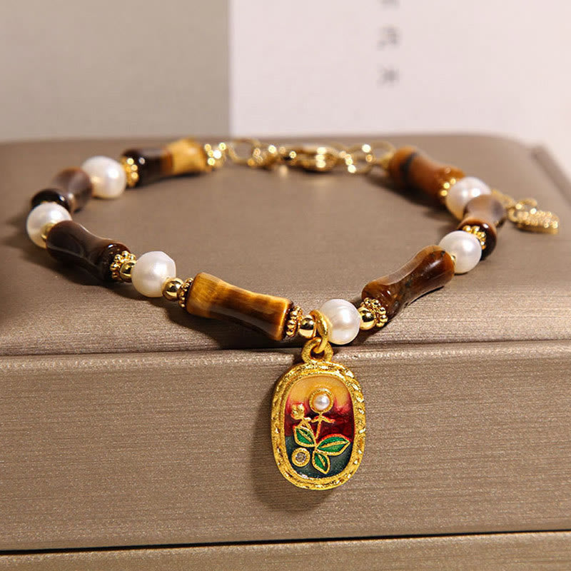 Wear FengShui Natural Bamboo Tiger Eye Pearl Strength Bracelet