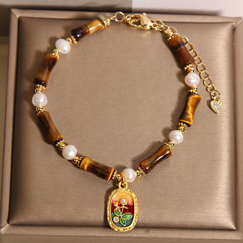 Wear FengShui Natural Bamboo Tiger Eye Pearl Strength Bracelet