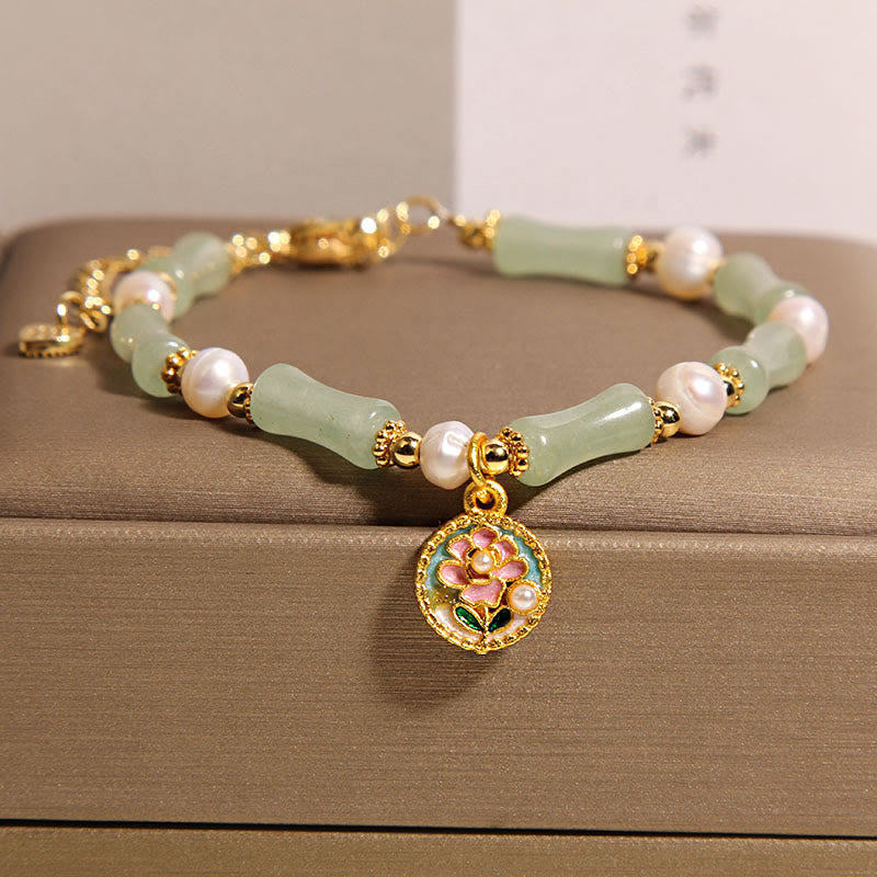 Wear FengShui Natural Bamboo Flower Green Aventurine Pearl Balance Bracelet