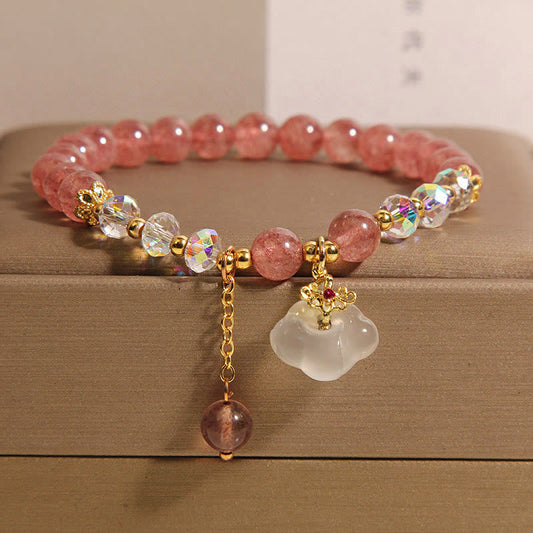 Wear FengShui Auspicious Clouds Strawberry Quartz White Agate White Crystal Positive Bracelet