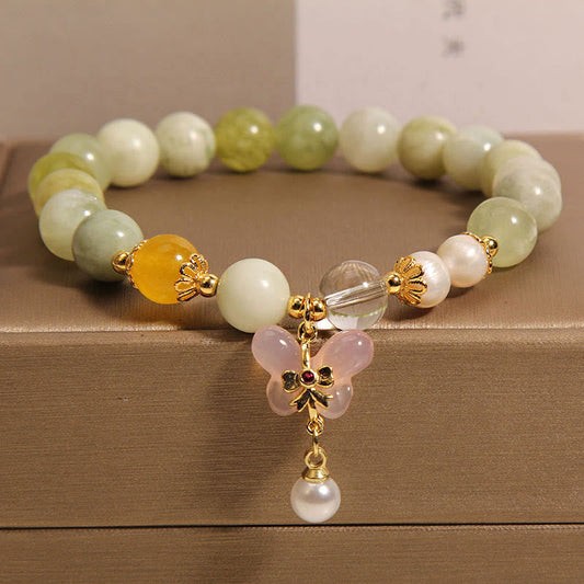 Wear FengShui Natural Butterfly Serpentine Jade Yanyuan Agate Luck Bracelet