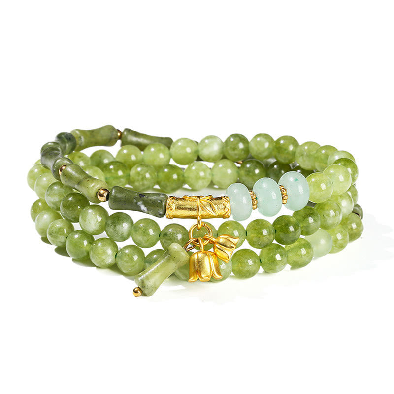 Wear FengShui Retro Multilayer Lily of the Valley Bamboo Green Chalcedony Strength Bracelet