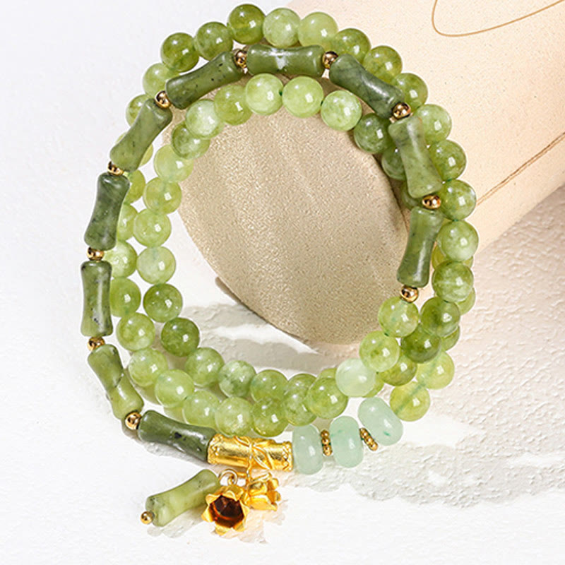 Wear FengShui Retro Multilayer Lily of the Valley Bamboo Green Chalcedony Strength Bracelet