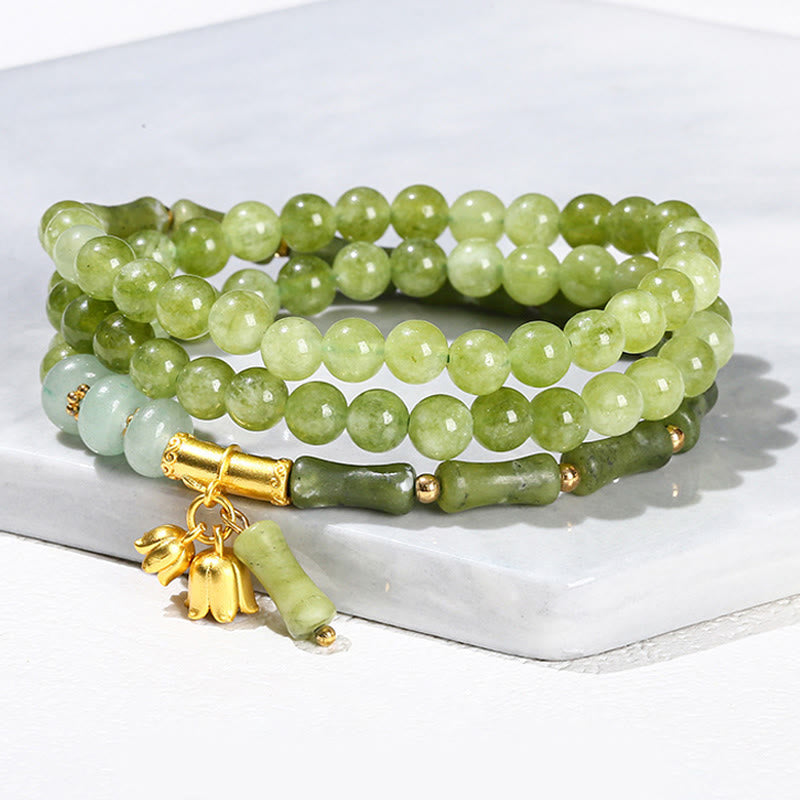 Wear FengShui Retro Multilayer Lily of the Valley Bamboo Green Chalcedony Strength Bracelet