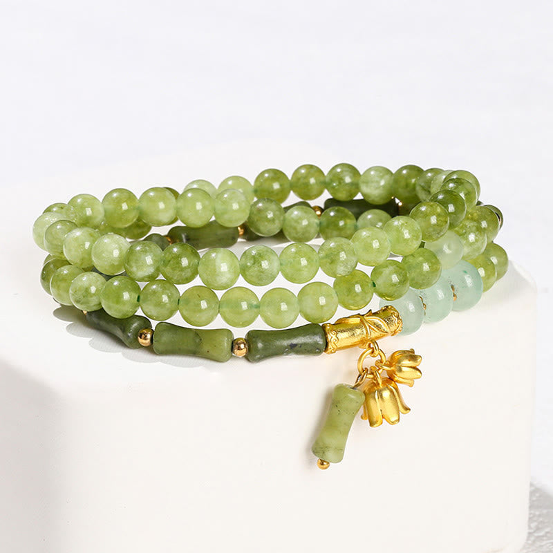 Wear FengShui Retro Multilayer Lily of the Valley Bamboo Green Chalcedony Strength Bracelet