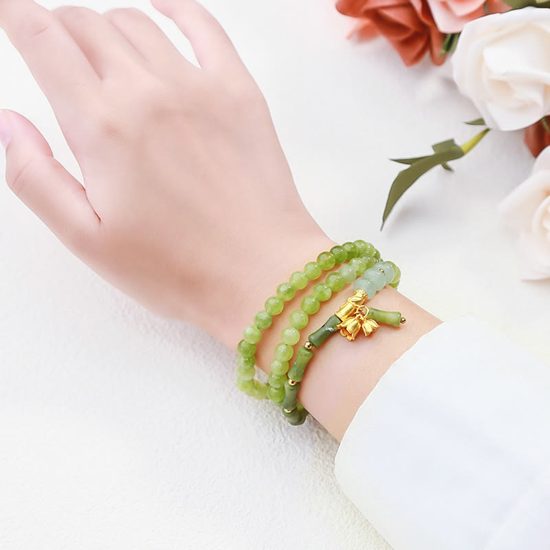 Wear FengShui Retro Multilayer Lily of the Valley Bamboo Green Chalcedony Strength Bracelet