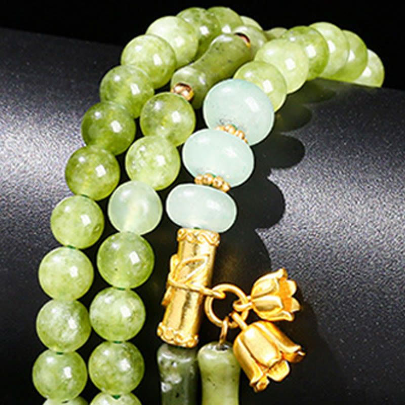 Wear FengShui Retro Multilayer Lily of the Valley Bamboo Green Chalcedony Strength Bracelet