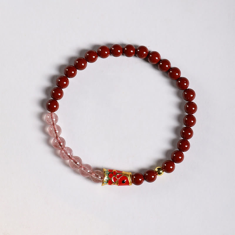 Wear FengShui Natural Cinnabar Pink Crystal Strawberry Quartz Lucky Koi Fish Blessing Bracelet