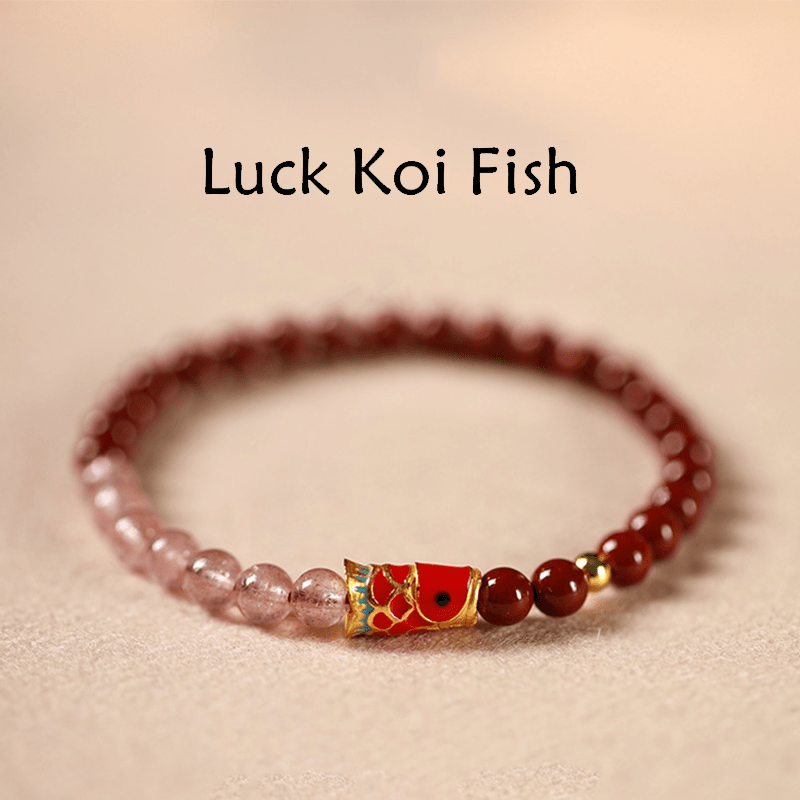Wear FengShui Natural Cinnabar Pink Crystal Strawberry Quartz Lucky Koi Fish Blessing Bracelet