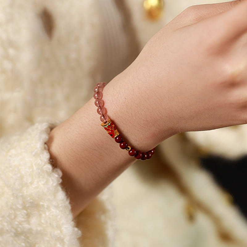 Wear FengShui Natural Cinnabar Pink Crystal Strawberry Quartz Lucky Koi Fish Blessing Bracelet